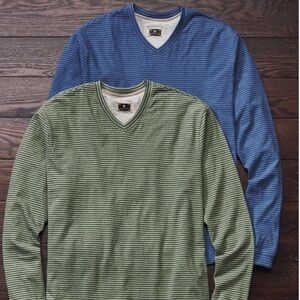 Left Coast Tee Blue Gray Striped V-Neck Men’s Long Sleeve 100% Cotton Tee XL